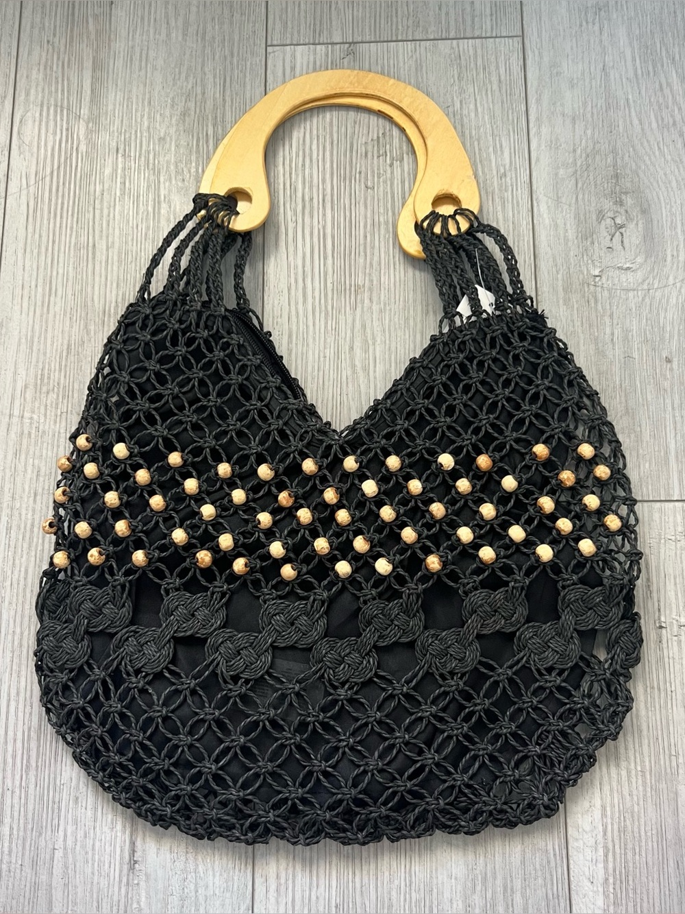 Woven Black Macramé Tote with Gold Wooden Handles